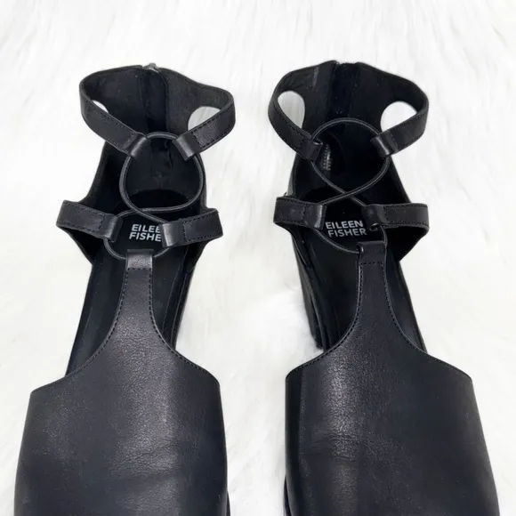 Eileen Fisher Black Leather Cutout Peep Toe Zippered Heel Sandals 10