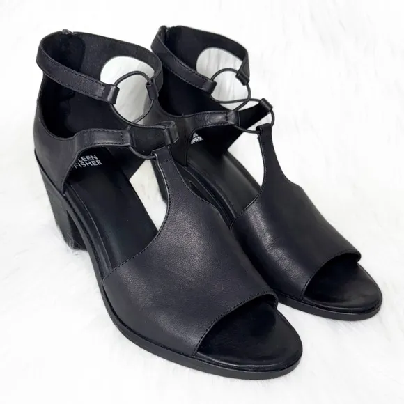 Eileen Fisher Black Leather Cutout Peep Toe Zippered Heel Sandals 10