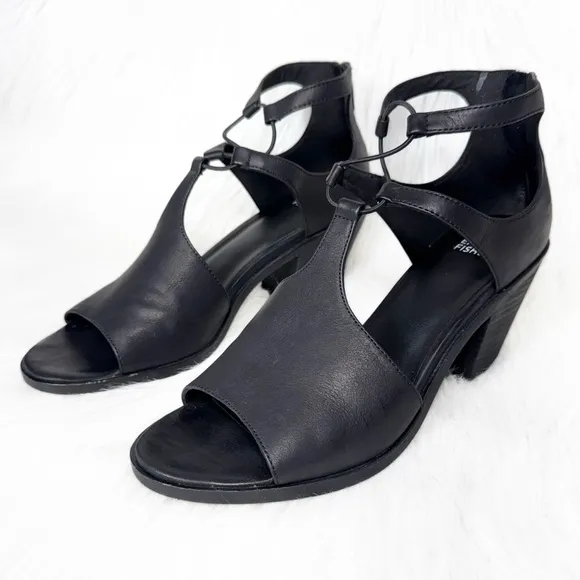 Eileen Fisher Black Leather Cutout Peep Toe Zippered Heel Sandals 10