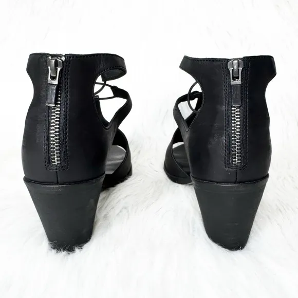 Eileen Fisher Black Leather Cutout Peep Toe Zippered Heel Sandals 10