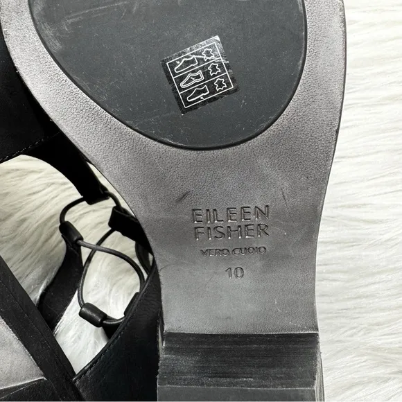 Eileen Fisher Black Leather Cutout Peep Toe Zippered Heel Sandals 10