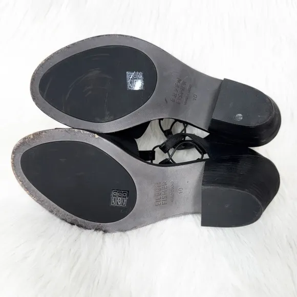 Eileen Fisher Black Leather Cutout Peep Toe Zippered Heel Sandals 10