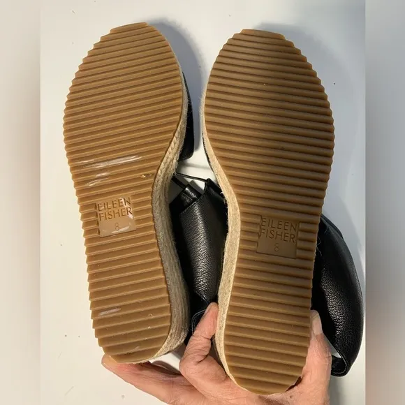Eileen Fisher, black leather, espadrille wedges, sandals, size 8