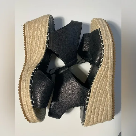 Eileen Fisher, black leather, espadrille wedges, sandals, size 8