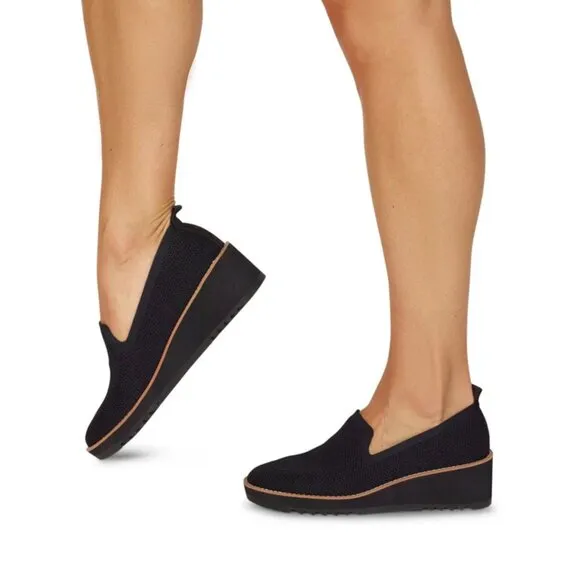 Eileen Fisher Lindy Stretch Knit Platform Wedge Black Moccasins Loafers Size 7
