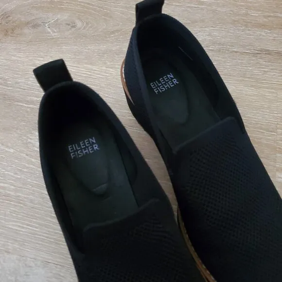 Eileen Fisher Lindy Stretch Knit Platform Wedge Black Moccasins Loafers Size 7