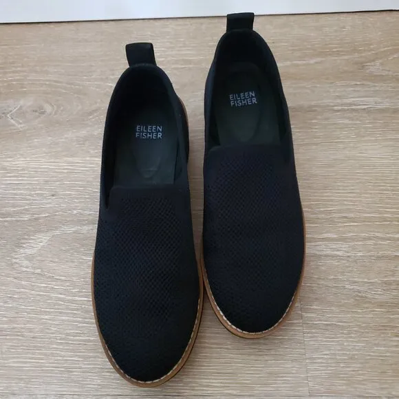 Eileen Fisher Lindy Stretch Knit Platform Wedge Black Moccasins Loafers Size 7