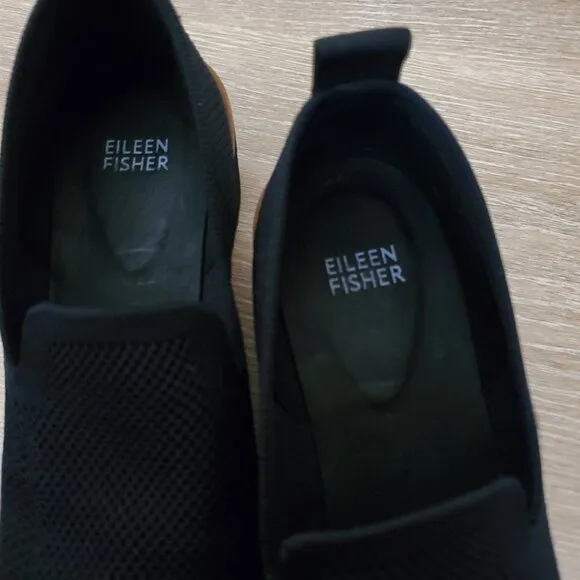Eileen Fisher Lindy Stretch Knit Platform Wedge Black Moccasins Loafers Size 7