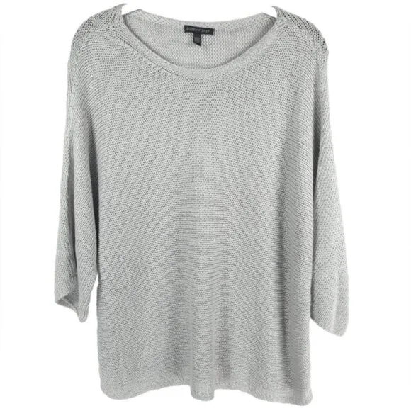 EILEEN FISHER LINEN Blend Knit Boat Neck 3/4 Sleeve Pullover Top Sweater MEDIUM