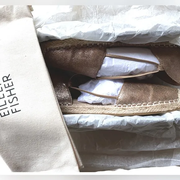 Eileen Fisher Metallic Espadrille Shoes 7 1/2 Bronze 7.5 Shimmering Leather NIB