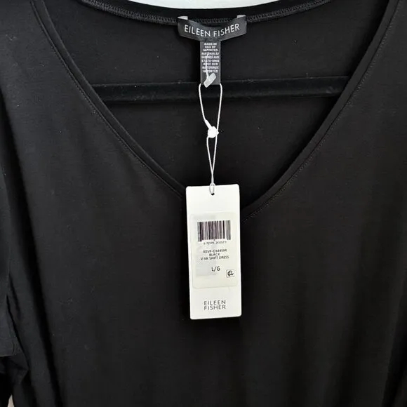 EILEEN FISHER Viscose-Jersey Three-Quarter-Sleeve V-Neck Shift Dress Sz L - NWT