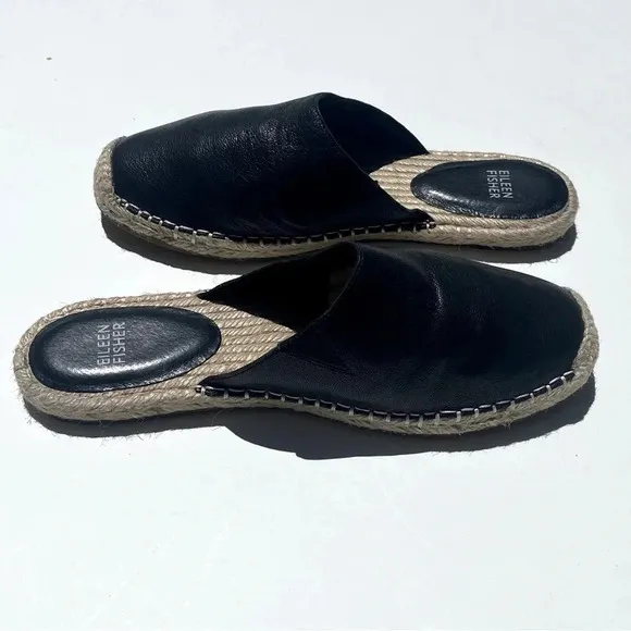 EILEEN FISHER Women’s KAI Black Leather Espadrille mules flats size 9.5