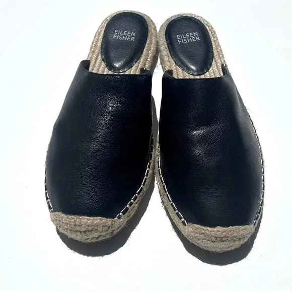 EILEEN FISHER Women’s KAI Black Leather Espadrille mules flats size 9.5