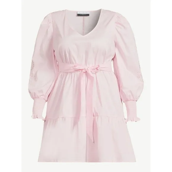 ELOQUII Elements Tiered Dress With Eyelet Sleeve - Pink