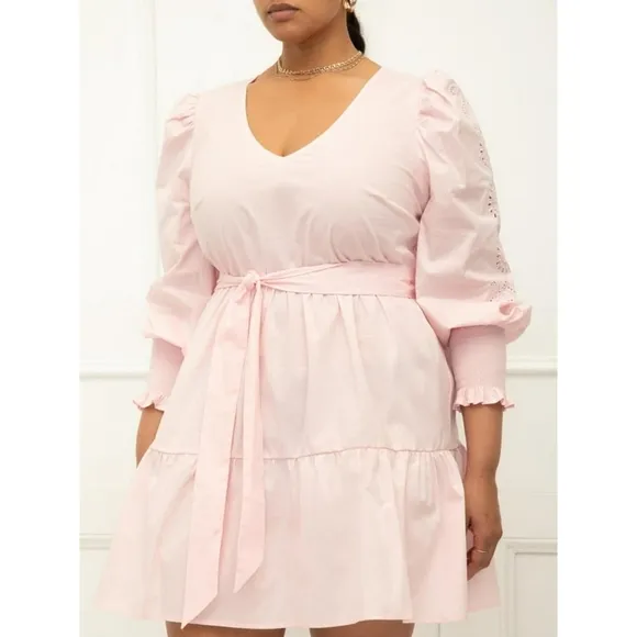 ELOQUII Elements Tiered Dress With Eyelet Sleeve - Pink