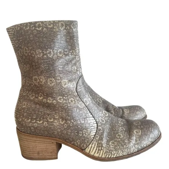 ELSA Mid Calf Wood Heeled Animal Print Leather Boots 38.5 Lizard Snake Neutral