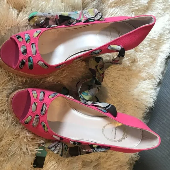 Emilio Pucci Canvas Peep-Toe Wedges 39