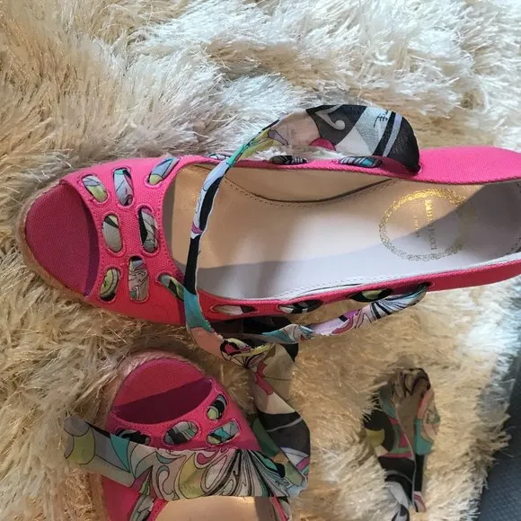 Emilio Pucci Canvas Peep-Toe Wedges 39