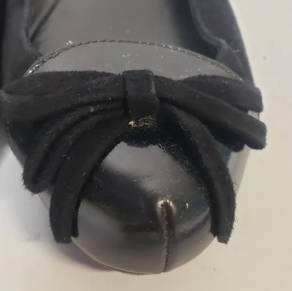 EMPORIO ARMANI Black Suede/Patent Leather Round-Toe Bow Flats Sz 38 Italy