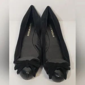 EMPORIO ARMANI Black Suede/Patent Leather Round-Toe Bow Flats Sz 38 Italy