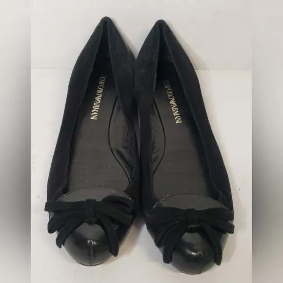 EMPORIO ARMANI Black Suede/Patent Leather Round-Toe Bow Flats Sz 38 Italy