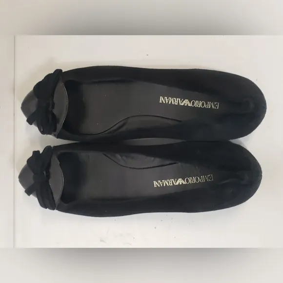 EMPORIO ARMANI Black Suede/Patent Leather Round-Toe Bow Flats Sz 38 Italy