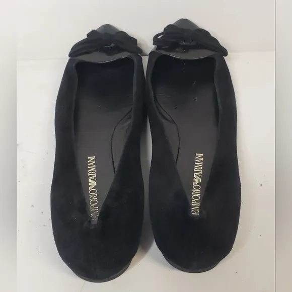 EMPORIO ARMANI Black Suede/Patent Leather Round-Toe Bow Flats Sz 38 Italy