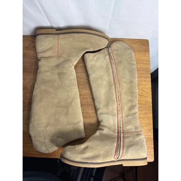 Emu Australia Tall Boots Size 8 Tan Suede Leather Shearling-Lined Flat Heel Zip