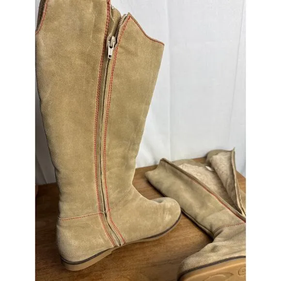 Emu Australia Tall Boots Size 8 Tan Suede Leather Shearling-Lined Flat Heel Zip
