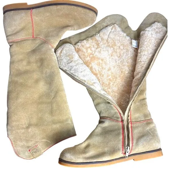 Emu Australia Tall Boots Size 8 Tan Suede Leather Shearling-Lined Flat Heel Zip