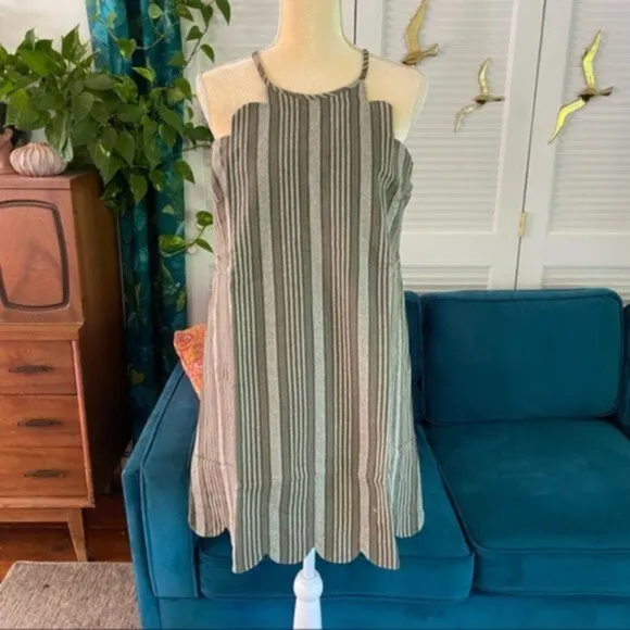 entro | Adelaide Scalloped Hem Mini Shift Dress Cotton Linen Olive Green Small