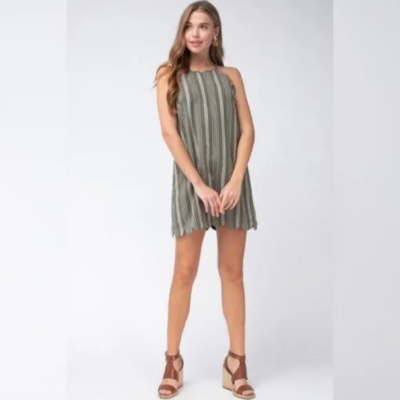 entro | Adelaide Scalloped Hem Mini Shift Dress Cotton Linen Olive Green Small