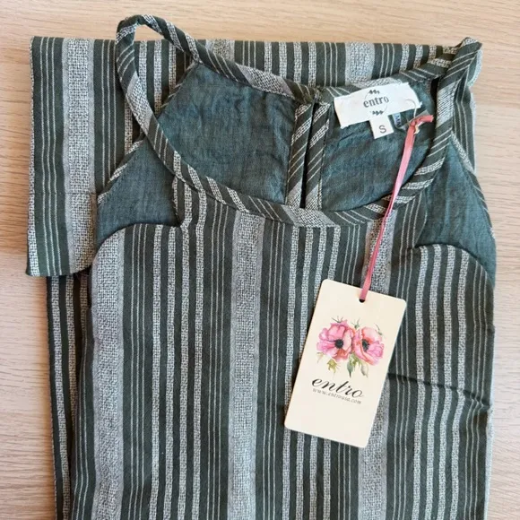 entro | Adelaide Scalloped Hem Mini Shift Dress Cotton Linen Olive Green Small