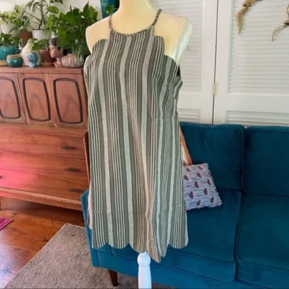 entro | Adelaide Scalloped Hem Mini Shift Dress Cotton Linen Olive Green Small