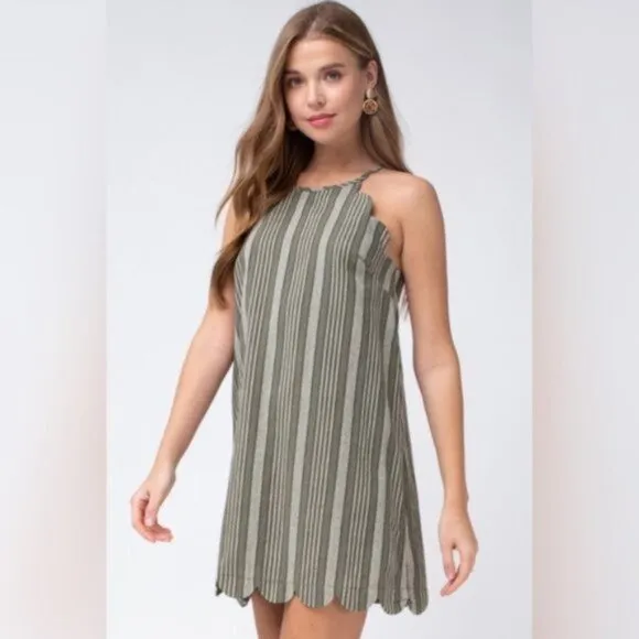 entro | Adelaide Scalloped Hem Mini Shift Dress Cotton Linen Olive Green Small
