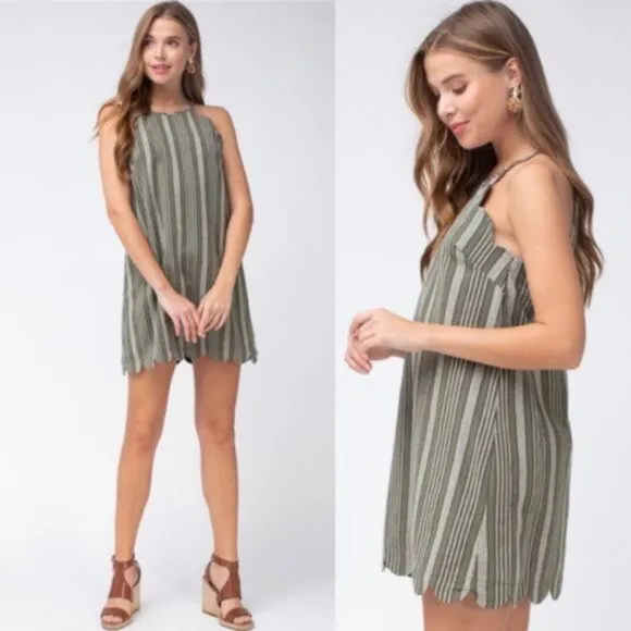 entro | Adelaide Scalloped Hem Mini Shift Dress Cotton Linen Olive Green Small