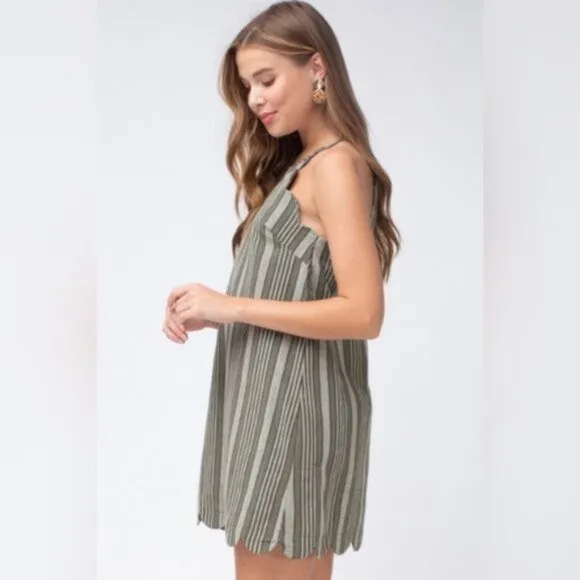 entro | Adelaide Scalloped Hem Mini Shift Dress Cotton Linen Olive Green Small