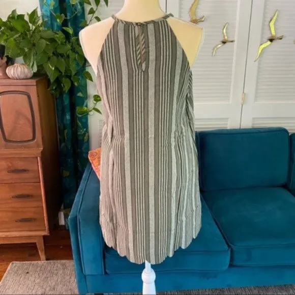entro | Adelaide Scalloped Hem Mini Shift Dress Cotton Linen Olive Green Small
