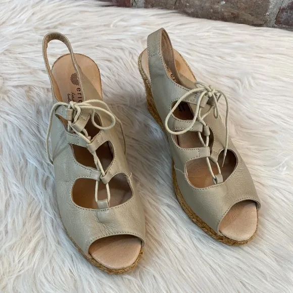 Eric Michael Taupe Leather Espadrille Wedges, Size 39