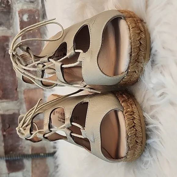 Eric Michael Taupe Leather Espadrille Wedges, Size 39