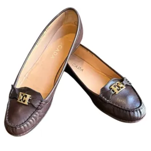 Escada Brown Leather Loafer Flats with Gold Logo Size 39.5/9.5 MSRP $395