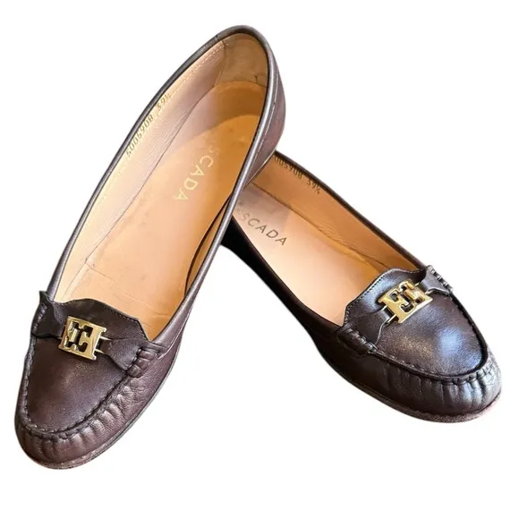 Escada Brown Leather Loafer Flats with Gold Logo Size 39.5/9.5 MSRP $395