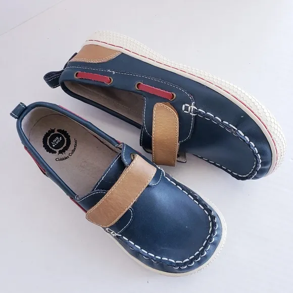 EUC Livie &amp; Luca Boys Youth 3Y Navy Brown Red Leather Boat Shoes Loafers RARE