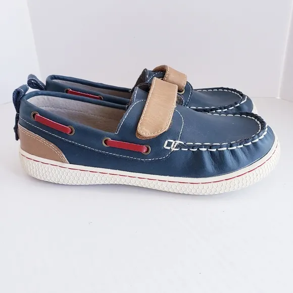 EUC Livie &amp; Luca Boys Youth 3Y Navy Brown Red Leather Boat Shoes Loafers RARE