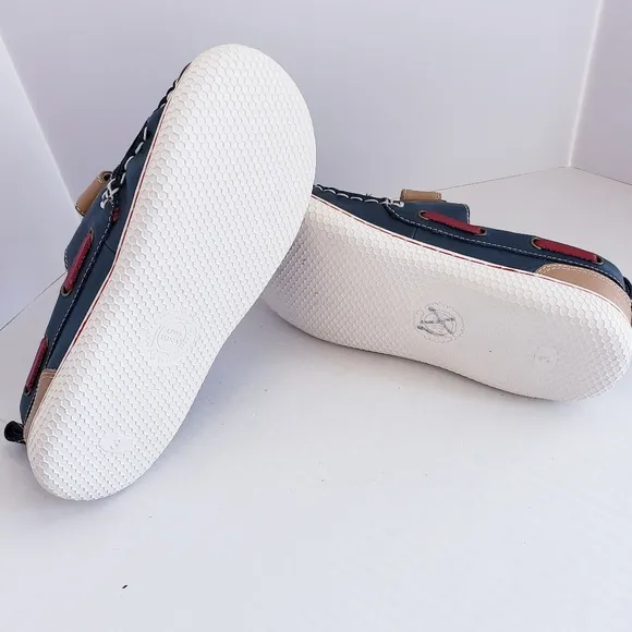 EUC Livie &amp; Luca Boys Youth 3Y Navy Brown Red Leather Boat Shoes Loafers RARE