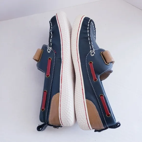 EUC Livie &amp; Luca Boys Youth 3Y Navy Brown Red Leather Boat Shoes Loafers RARE