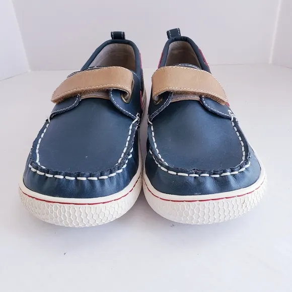 EUC Livie &amp; Luca Boys Youth 3Y Navy Brown Red Leather Boat Shoes Loafers RARE