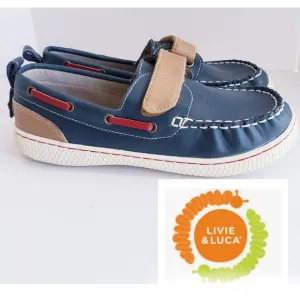 EUC Livie &amp; Luca Boys Youth 3Y Navy Brown Red Leather Boat Shoes Loafers RARE