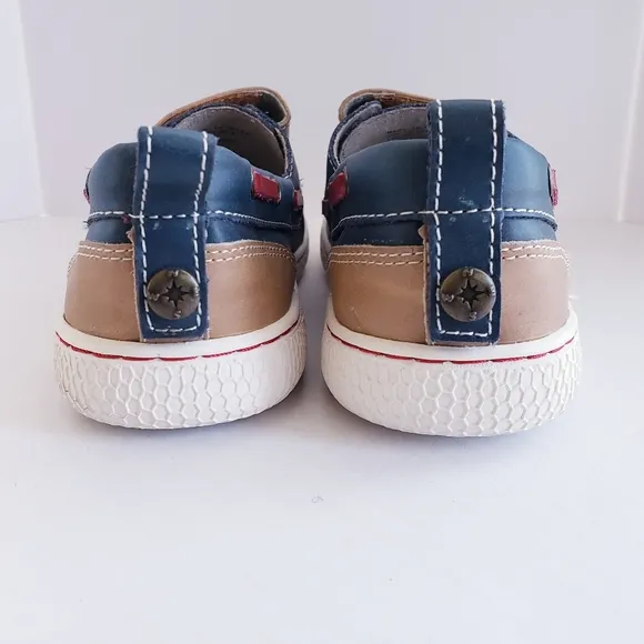 EUC Livie &amp; Luca Boys Youth 3Y Navy Brown Red Leather Boat Shoes Loafers RARE