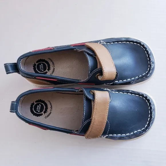 EUC Livie &amp; Luca Boys Youth 3Y Navy Brown Red Leather Boat Shoes Loafers RARE